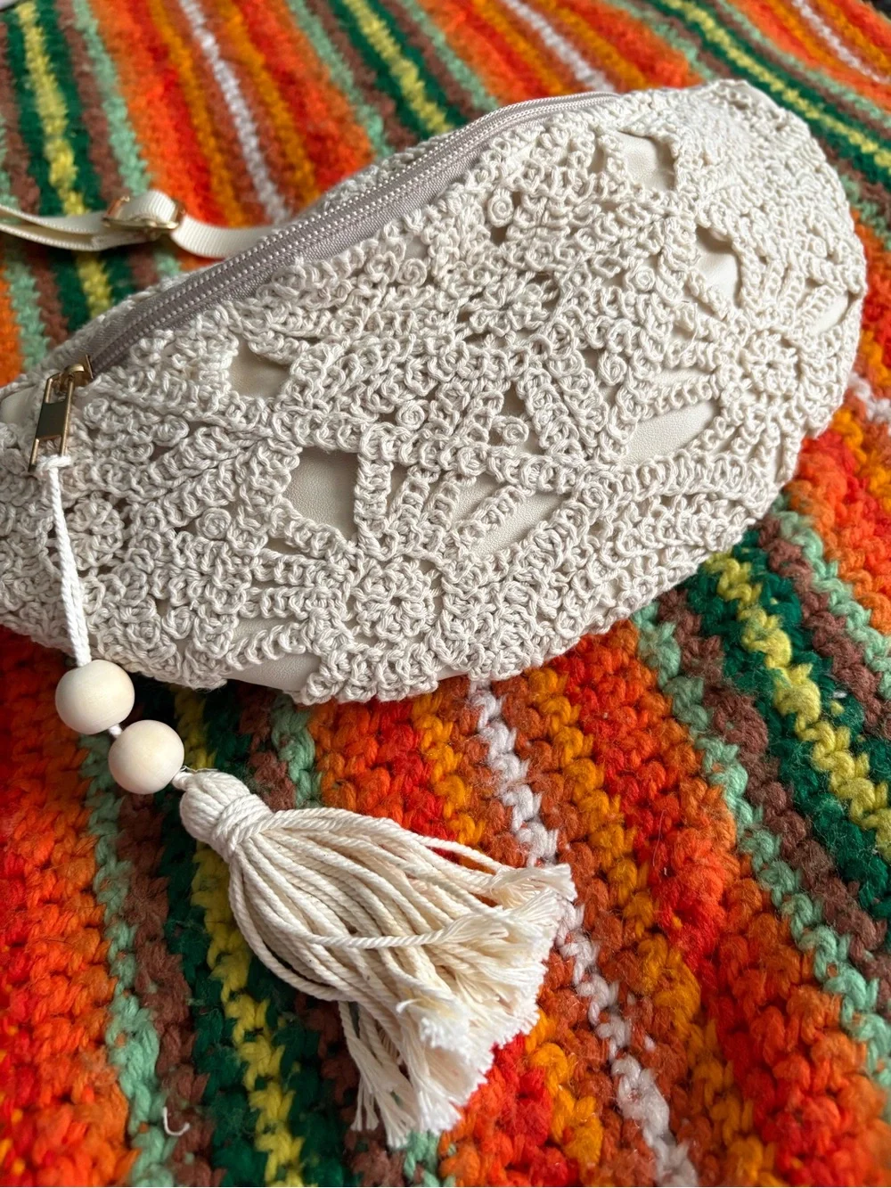 Crocheted Cream Crossbody Belt Bag with Tassel